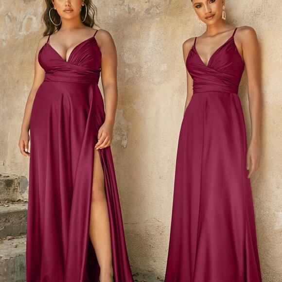 BURGUNDY SOFT SATIN PROM A-LINE SWEATHEART NECKLINE WITH SLITDRESS GOWN CD7485